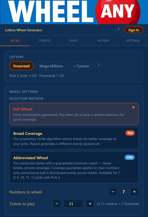 Setup tab showing lottery selector with Powerball active, selection method at top, and wheel settings below